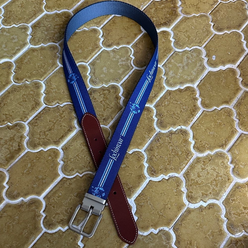 Peter Millar Navy Canvas Belt with Brown Leather Trim and Silver Buckle